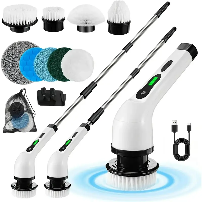 Electric Spin Scrubber Cordless 7/9-in-1 Design with Telescopic Arm Flexible Length Adjustment for Bathtub Floor Tile Sink Wi...