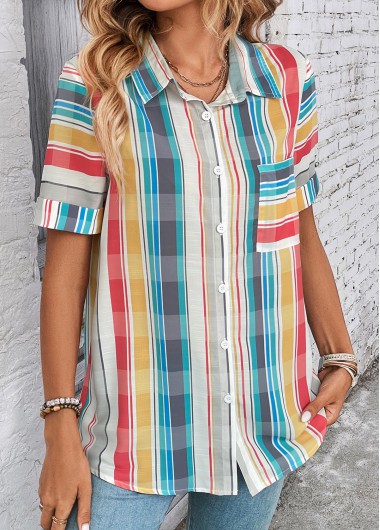 Modlily Multi Color Button Plaid Short Sleeve Blouse - L