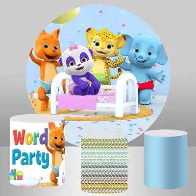 Aperturee Cartoon Animals World Party Kids Round Birthday Backdrop | Round Party Backdrop | Circle Party Backdrop | Round Bac...