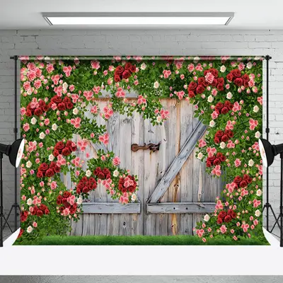 Aperturee Greenery Red Rose Wood Door Valentines Day Backdrop, 3X2FT(1MX0.6M), 14 USD, valentines day backdrops, NYHD1I39-M