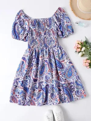 Plus Size Floral Print Puff Sleeve Shirred Ruffle Hem Dress, Summer Clothes Women, Plus Boho A Line Dress for Beach Holiday W...