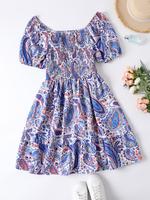 【Plus Size】 Floral Print Shortsleeve Vintage Elegant Dresses, Elegance Casual Plus Comfort Boho Shirred Ruffle Hem A Line...