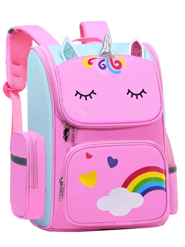 Cute Cartoon Unicorn Design Heart Print Backpack, Large Capacity Lightweight Breathable Backpack, Fashionable Backpack for Gi...