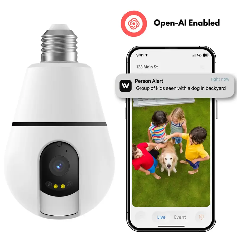 Noahtec 3MP Panoramic Light Bulb Camera, 5G/2.4GHz Dual Band, PTZ, Two-Way Audio, AI Motion Detection, Auto Infrared & White ...