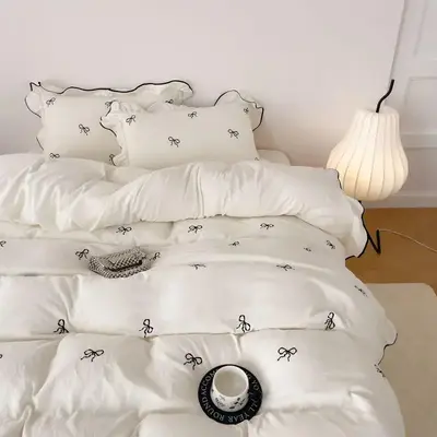 Bow Print Ruffled Bedding Set, 3 Counts/set Including 1 Duvet Cover & 2 Pillowcases without Filler, Soft Comfortable Bedding ...