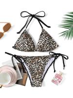 Women's Leopard Print Bikini Set, Sexy Casual Halter Tie Back Triangle Bikini Bra & Tie Side Swim Thong Bathing Suit Set, Got...