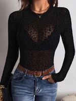 Women's Leopard Print Lettuce Trim Sheer Tulle Tee without Bra, Casual Sexy Round Neck Long Sleeve T-shirt for Vacation Holid...