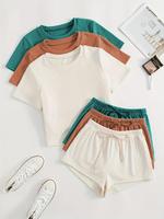 Women's Solid Color Shortsleeve Tee & Shorts Loungewear Set, Minimalist Casual Comfy Round Neck Short Sleeve T-shirt & Elasti...