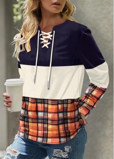 Modlily Multi Color Patchwork Plaid Long Sleeve Sweatshirt - M
