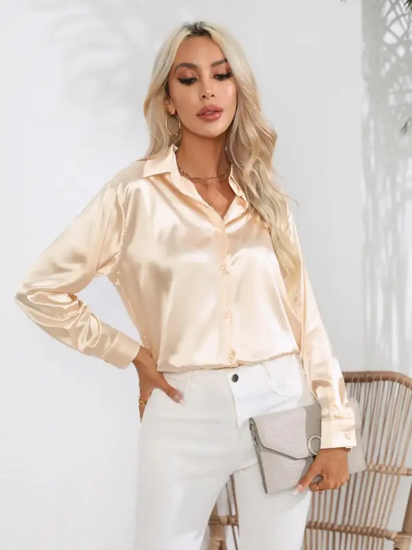 Women's Button Front Silky Blouse, Elegant Long Sleeve Button Down Shirt for Party Holiday Business, Ladies Shiny Top Spring ...