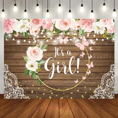 Aperturee Floral Golden Circle Wooden Baby Shower Backdrop