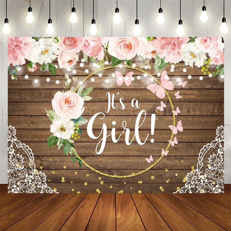 Aperturee Floral Golden Circle Wooden Baby Shower Backdrop