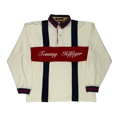 Tommy Hilfiger Graphic Long Sleeve Polo Shirt - Large Cream Cotton