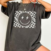 Checkered Smile Face Shirt, Retro Shirt for Women, Smile Face T-Shirt, Gift for Her, Retro Checkered Tee, Vintage Face Funny ...