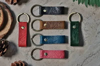 Embossed Leather Car Keychain , Real Leather, Same Day Shipping, Free Shipping US