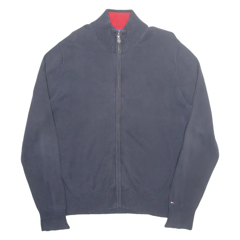 TOMMY HILFIGER Mens Cardigan Blue High Neck Tight Knit XL
