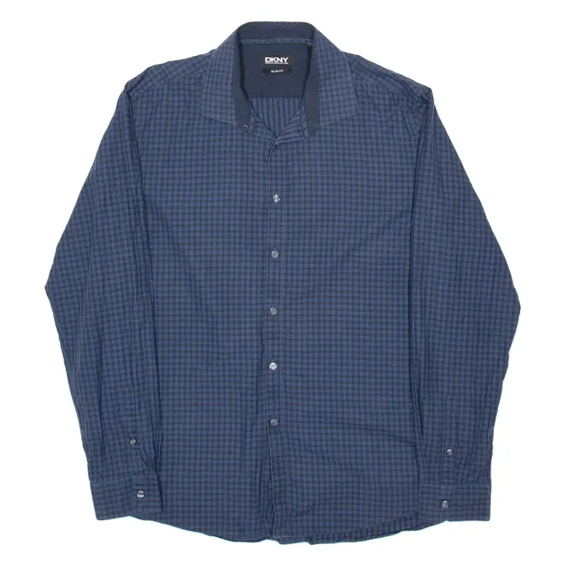 DKNY Mens Shirt Blue Plaid Long Sleeve XL