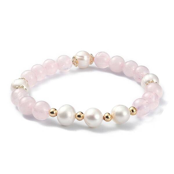 Natural Rose Quartz & Pearl Beaded Stretch Bracelet for Women