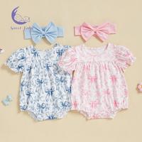 Sweet Baby Baby Girl Bow Print Romper Ruffle Sleeve Bodysuit with Bow Headband Cute Summer Clothes 2Pcs Set Top Dress Cotton ...