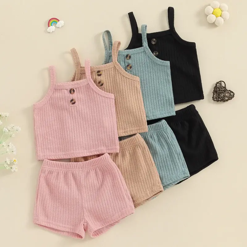 Toddler Baby Girl Summer Clothes Ribbed Sleeveless Button Front Cami Tops and Shorts Infant Outfits Set
