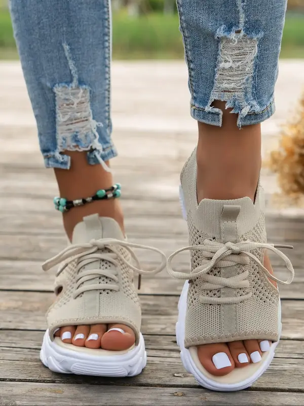 Women's Summer 2024 Fashion Plain Lace Up Textile Mid Heel Platform Sandals, Ladies Sandals, Casual Versatile Sports Sandals ...