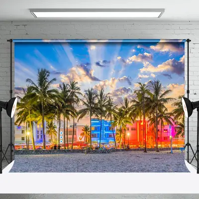Sunset Neon Light Town Palm Tree Summer Backdrop - Aperturee