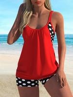 Women's Polka Dot Print Tankini Set, Boho Ruched Cut Out Spaghetti Strap Swim Top & High Waist Skinny Swim Shorts, Ladies Swi...