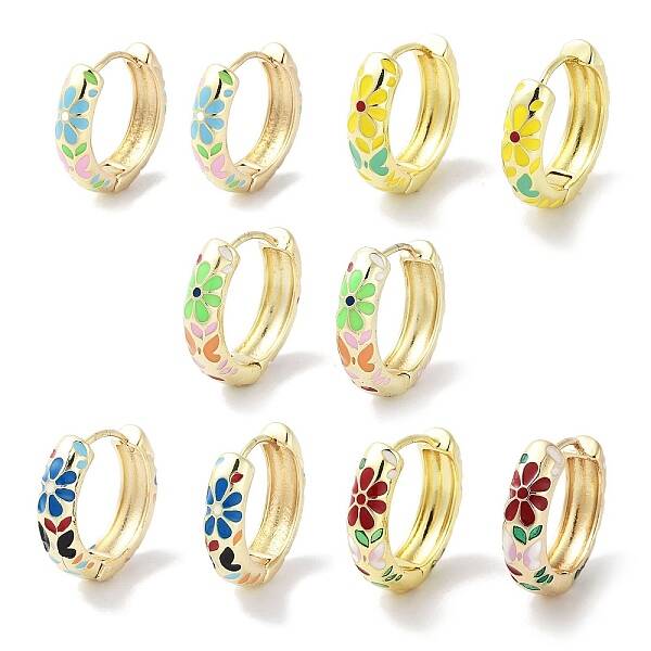 Real 18K Gold Plated Brass Enamel Flower Print Hoop Earrings for Women