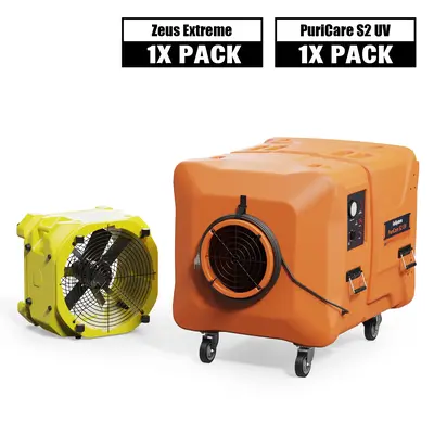Alorair Sanitization & Disinfection Combo Pack, 1 X Zeus Extreme Air Mover, 1 X PuriCare S2 UV Air Scrubber