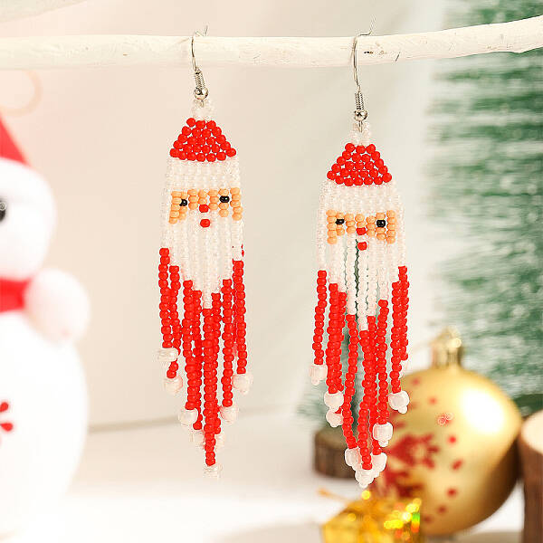 Christmas Style Santa Glass Bead Handmade Dangle Earrings for Women Gift