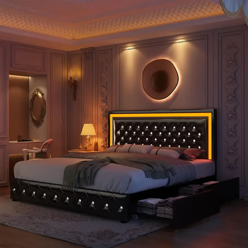 GEGOFORU Queen LED Smart Bed with Adjustable RGBW LED Headboard, 4 Under-Bed Storage Drawers, Whisper-Quiet, light & Music Sy...