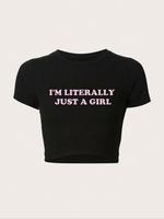 Women's Letter Print Round Neck Crop Tee, Vintage Trendy Casual Short Sleeve T-shirt for Daily Wear, Graphic Tees Women