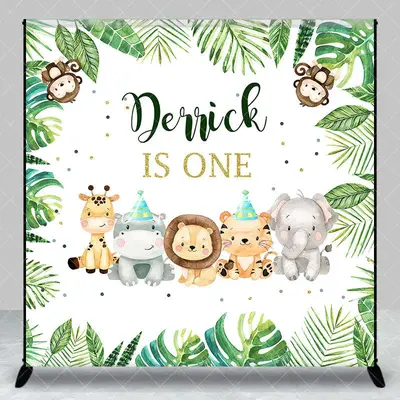 Aperturee Safari Animals Monstera Custom 1st Birthday Backdrop, 3X3FT(1X1M), 15 USD, custom birthday backdrops, DZZH0C377-O