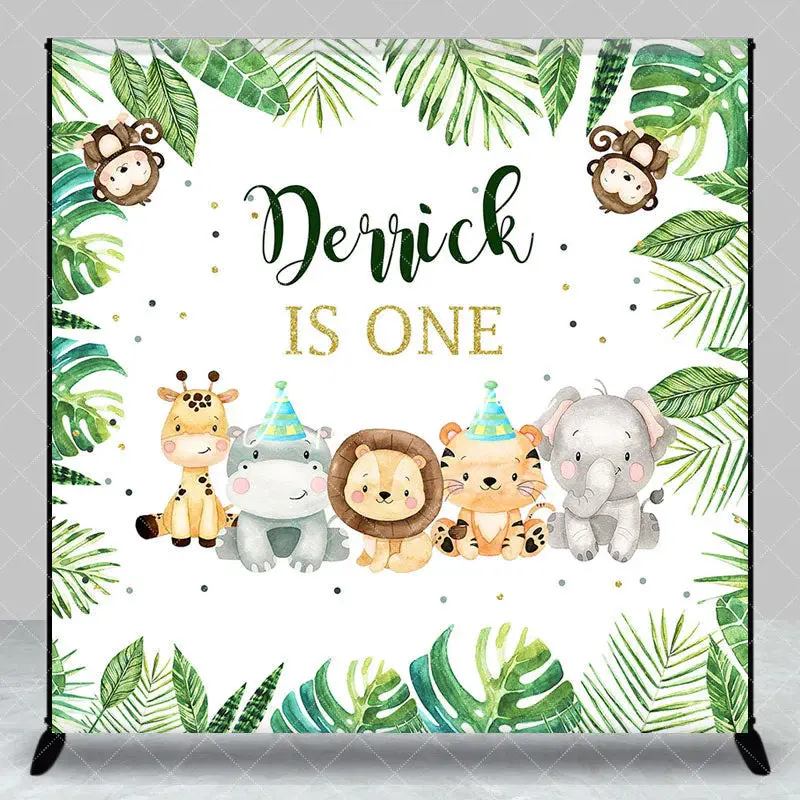 Aperturee Safari Animals Monstera Custom 1st Birthday Backdrop, 3X3FT(1X1M), 15 USD, custom birthday backdrops, DZZH0C377-O