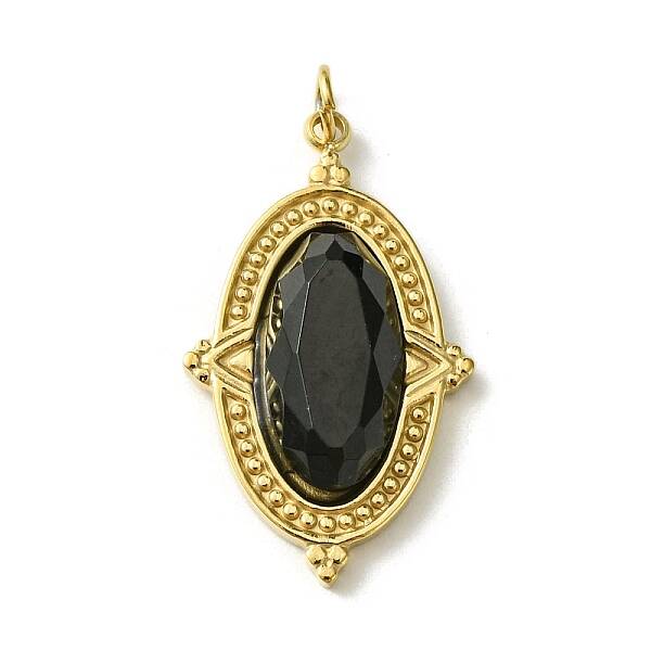 Ion Plating(IP) 304 Stainless Steel Pave Faceted Natural Obsidian Pendants