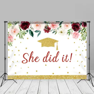 She Did It Floral Gold Glitter Grad Photo Backdrop - Aperturee