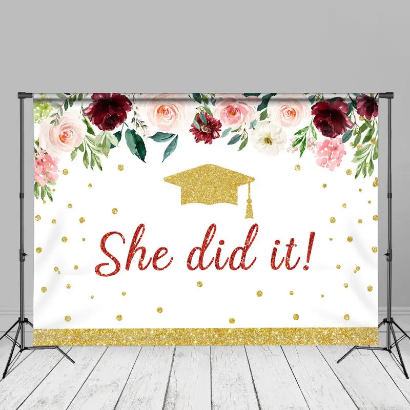 She Did It Floral Gold Glitter Grad Photo Backdrop - Aperturee