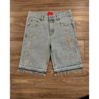 Y2K Gothic Diamond Cross Embroidery Denim Shorts American Retro Blue Gym Shorts Rhinestone Streetwear Hip Hop Men Women Jorts