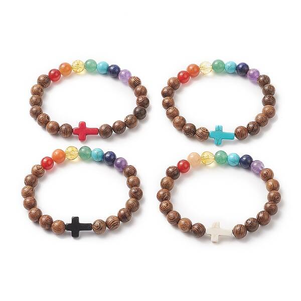 Gemstone & Natural Wood Beaded Stretch Bracelet for Women