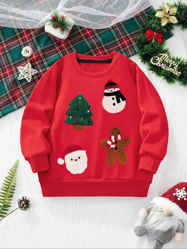 Boy's Christmas Pattern Embroidery Long Sleeve Sweatshirt, Casual Comfy Top for Fall & Winter, Kids Clothes for Daily Wear