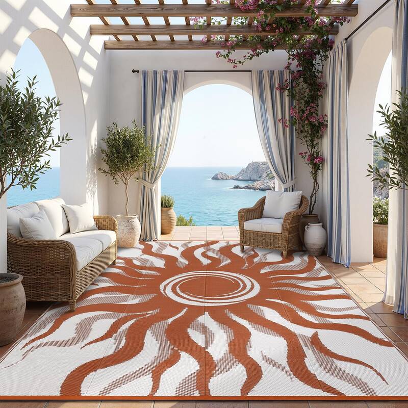 Garvee Outdoor Rug 8x10 Waterproof Patio Rug with Boho Sun Pattern, Reversible Plastic Straw, UV-Resistant, Lightweight, Fold...