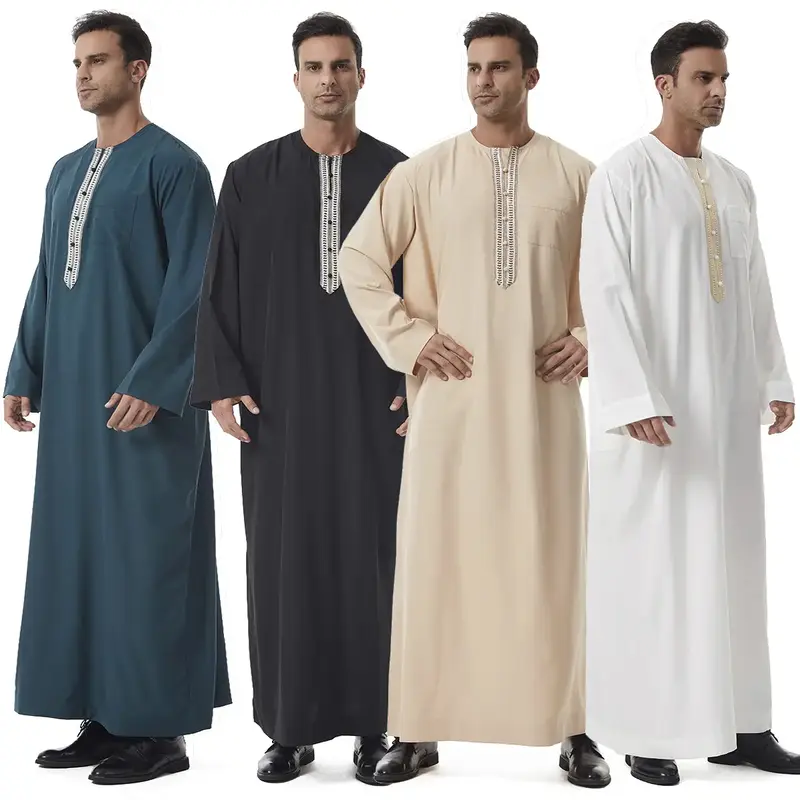 Elegant Middle Eastern Mens Robe Dubai Arabic Long Sleeve Embroidered Trim Round Neck Plain Color Muslim Ethnic Clothing mens...
