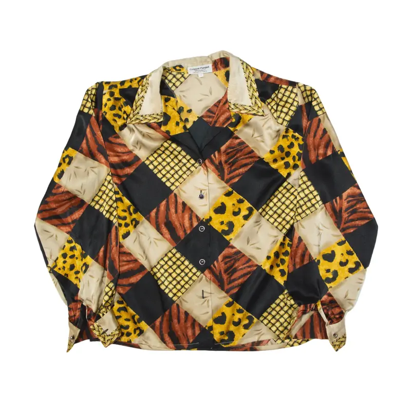 CREATION PAUQUET V-Neck Animal Print Shirt Brown 90s Check Long Sleeve Womens M