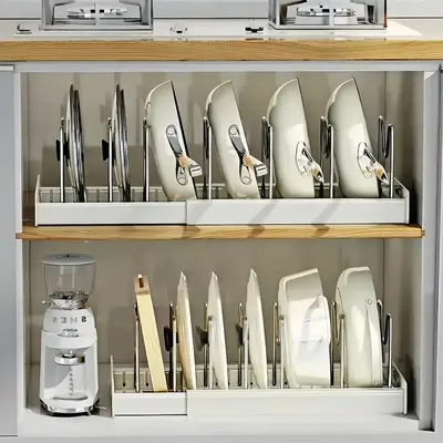 Adjustable Lid & Pan Organizer-Kitchen Drawer Storage Shelf Rack 7 Adjustable Dividers Sliding Lid Holder and Pan Rack in Ki...