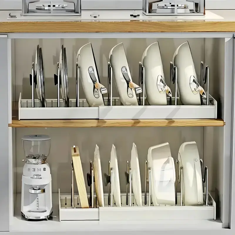 Adjustable Lid & Pan Organizer-Kitchen Drawer Storage Shelf Rack  7 Adjustable Dividers Sliding Lid Holder and Pan Rack in Ki...