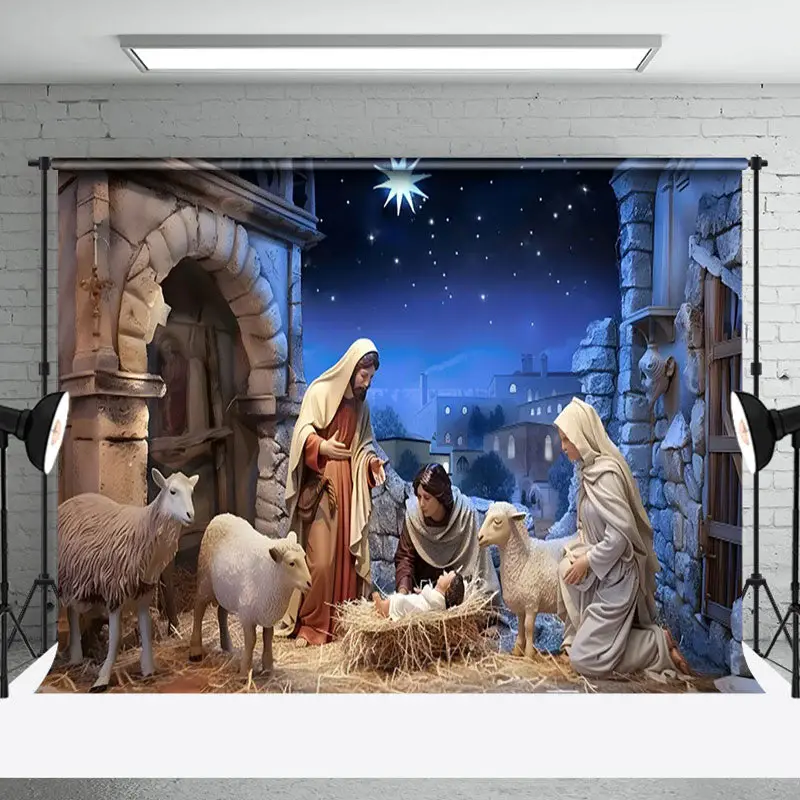 Aperturee Rural Shed Twinkle Night Nativity Christmas Backdrop - Aperturee