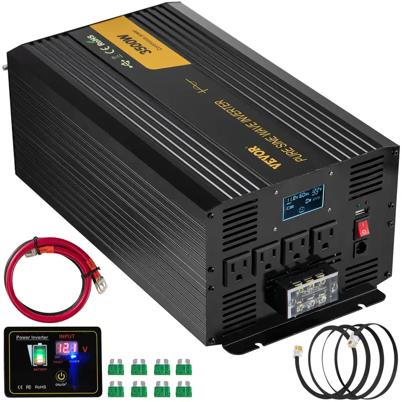 VEVOR Pure Sine Wave Inverter 3500 Watt Power Inverter, DC 12V to AC 120V Car Inverter, with USB Port LCD Display Remote Cont...