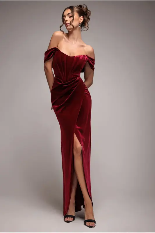 Goddiva Draped Shoulder Velvet Corset Maxi Dress - Wine