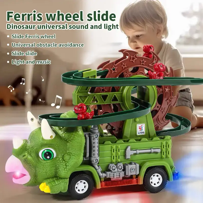 Electric Crawling Toy with LED Lights & Music Universal Dinosaur Triceratops Ferris Wheel Rail Car Slide Electric Assembling ...