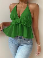 Women's Plain Ruffle Trim Backless Peplum Halter Crop Tank Top, Casual Tie Back Ruched Sleeveless Top for Beach Holiday Vacat...